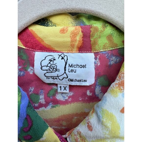 Michael Leu Women's Silk Button Up Shirt Artsy Palm Tree Hawaiian Watercolors 1X - Picture 4 of 10